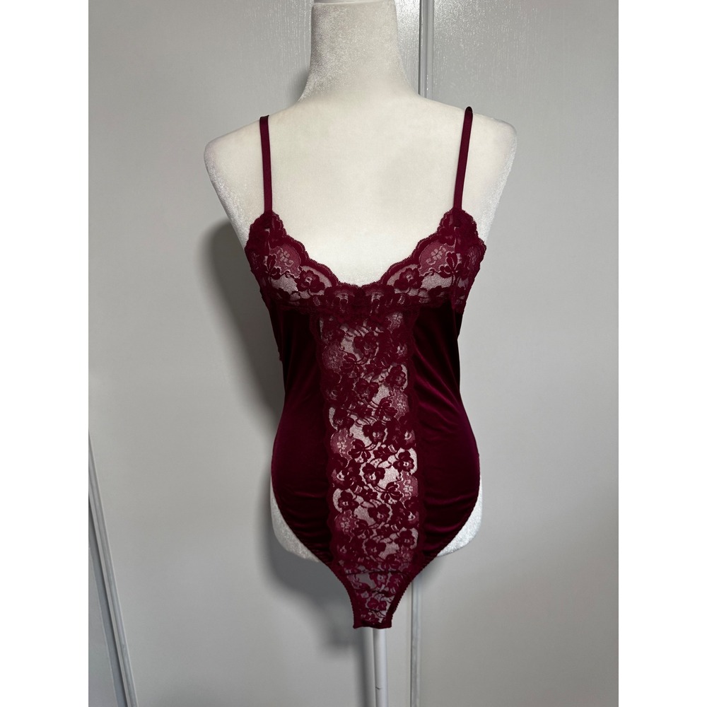 Vintage Bestform Burgundy Velvet Lace Teddy Bodysuit Camisole Full Slip Lingerie